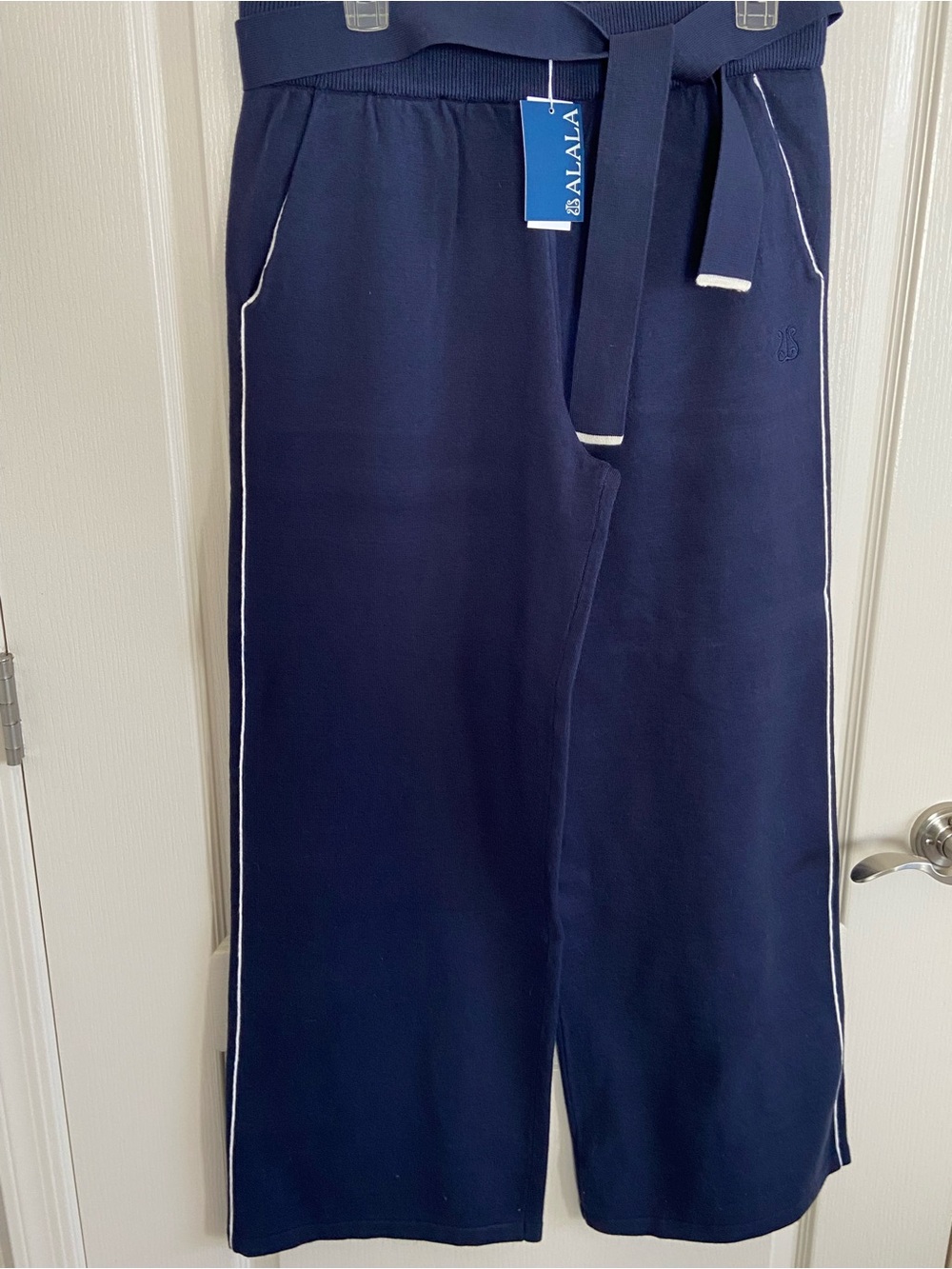 Alala Navy Wide-Leg Knit Sweater Pants with White Piping